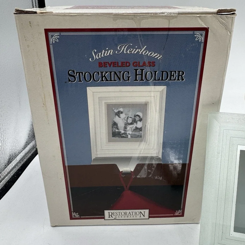Vtg RESTORATION HARDWARE Silvertone Bevel Glass Frame Stocking Hanger Holder 6